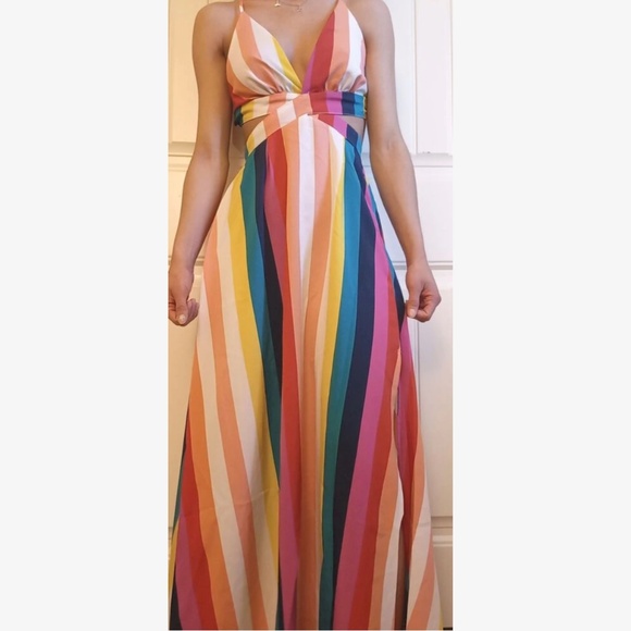 Striped Multicolor Backless Strappy V-Neck Maxi Dress Leg Slit - Picture 12 of 16